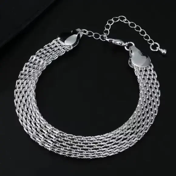925 Silver Plated Necklace & Bracelet Set Chainmail Weave 10mm Birthday Gift